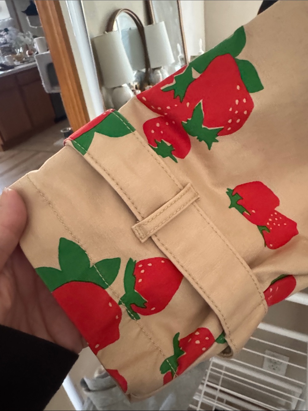 Anthropologie / Maeve Beige Trench Coat with Red & Green Strawberry Print - Picture 4 of 9